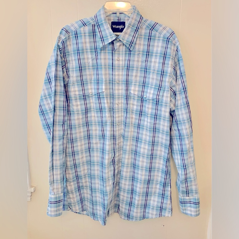 COPY - Wrangler Western Shirt Men's LT Pearl Snap Blue Black Plaid Long Sleeve